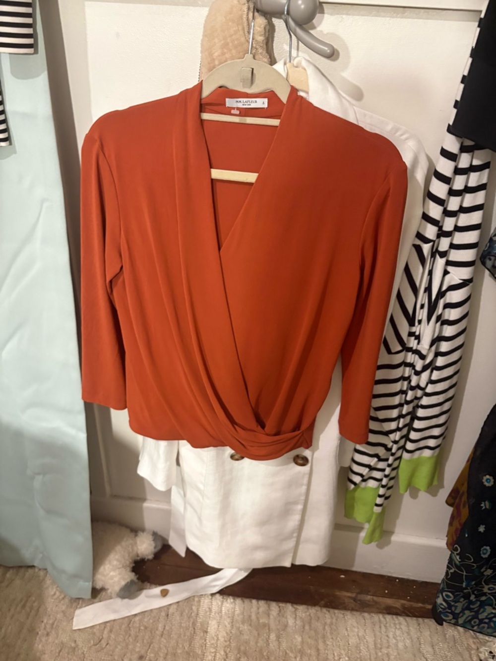 MM Lafleur orange-Rust draped faux Wrap Top Jersey work long sleeve small - Picture 5 of 6
